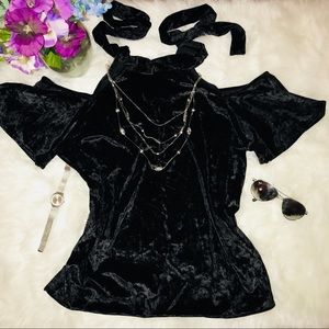 NY&C: Black Choker Neck Velvet Blouse w/ neck tie